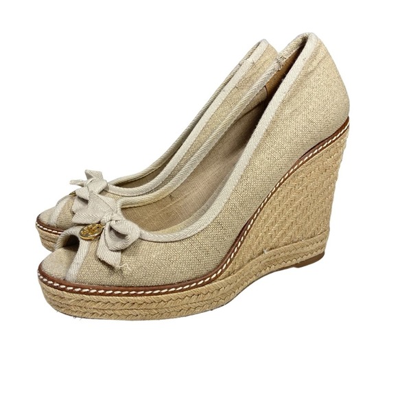 Tory Burch Jackie canvas peep toe wedge espadrille heels 9.5 M - Picture 10 of 14
